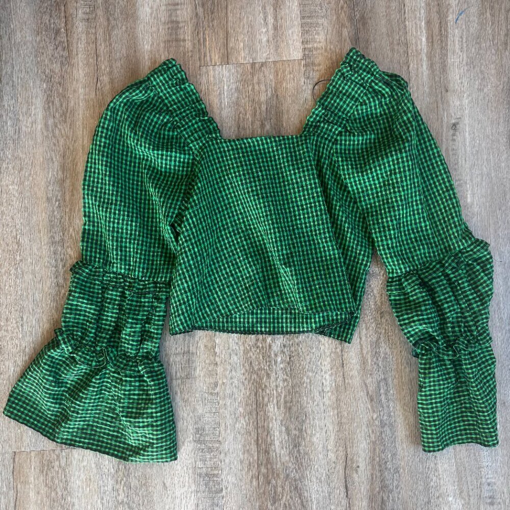 Topshop Green Checkered Tiered Sleeve Top Size 4 - Picture 4 of 4
